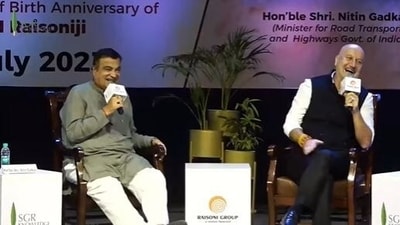 Anupam Kher and Nitin Gadkari at an event.