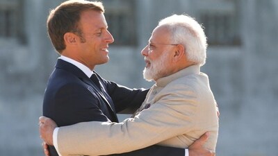French President Emmanuel Macron welcomes Prime Minister Narendra Modi before a meeting at the Chateau of Chantilly, near Paris, France in August 2019 (REUTERS)