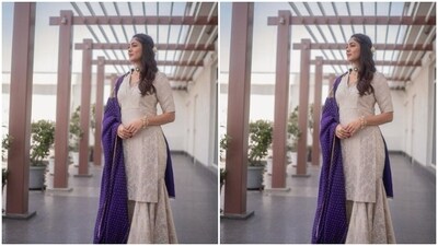 Mrunal further accessorised her look for the day in a stunning neck choker with emerald stone details, jhumkas, a golden bracelet and rings.&nbsp; (Instagram/@mrunalthakur)