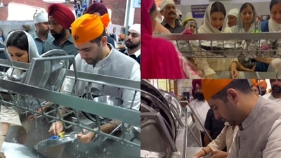 Parineeti Chopra and Raghav Chadha during seva at Golden Temple. (Photo: Viral Bhayani) (Viral Bhayani) Parineeti Chopra and Raghav Chadha during seva at Golden Temple. (Photo: Viral Bhayani) (Viral Bhayani)