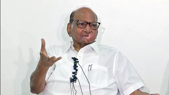 Mumbai, July 02 (ANI): Nationalist Congress Party (NCP) chief Sharad Pawar addresses a press conference on party leader Ajit Pawar joining the National Democratic Alliance (NDA) government and taking oath as Deputy Chief Minister of Maharashtra, in Mumbai on Sunday. (ANI Photo) (ANI)