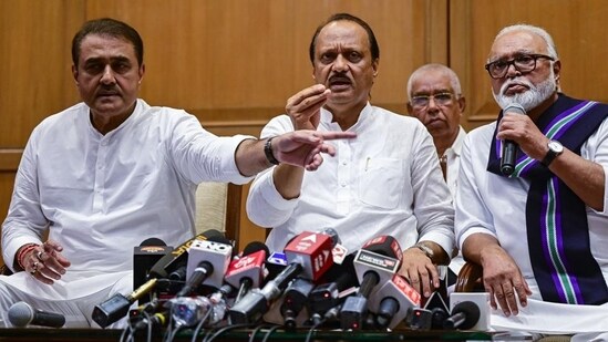NCP leader and newly appointed Dy CM Ajit Pawar, NCP MP Praful Patel and NCP MLA and minsiter Chhagan Bhujbal addressing the media during press conference at Sahayadri Guest House, Malabar Hill on Sunday. (Anshuman Poyrekar/ Hindustan Times)