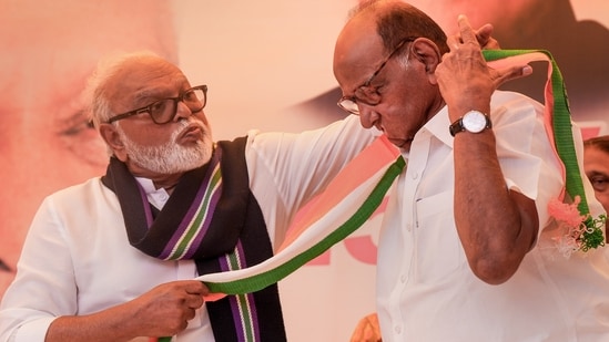 NCP chief Sharad Pawar being felicitated by Chhagan Bhujbal during party's foundation day celebrations in New Delhi in June. (PTI)