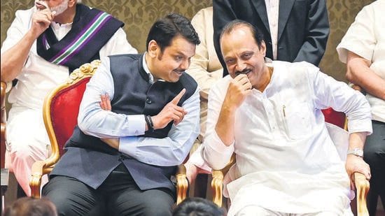 Under the present anti-defection law, at least two-thirds of the party MLAs need to break away from the original party and merge with another existing party in the Assembly. However, last year, when he split the Shiv Sena, Eknath Shinde upended this by claiming that his faction was the original Shiv Sena and not Uddhav’s faction. Ajit Pawar similarly indicated on Sunday that it was he who represented the real NCP. (Anshuman Poyrekar/HT PHOTO)
