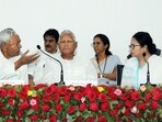 Bihar Chief Minister Nitish Kumar, Rashtriya Janata Dal (RJD) chief Lalu Prasad Yadav, West Bengal Chief Minister Mamata Banerjee and other dignitaries during a press briefing. 