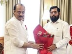 Maharashtra chief minister Eknath Shinde congratulates the newly sworn-in state deputy CM Ajit Pawar at Raj Bhavan in Mumbai on Sunday. Maharashtra chief minister Eknath Shinde congratulates the newly sworn-in state deputy CM Ajit Pawar at Raj Bhavan in Mumbai on Sunday.
