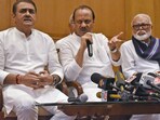 Newly sworn-in Maharashtra deputy chief minister Ajit Pawar addresses a press conference with newly sworn-in state minister Chhagan Bhujbal and NCP working president Praful Patel in Mumbai on Sunday.
Newly sworn-in Maharashtra deputy chief minister Ajit Pawar addresses a press conference with newly sworn-in state minister Chhagan Bhujbal and NCP working president Praful Patel in Mumbai on Sunday.