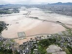 An aerial view shows submerged area due to heavy rain in Mashiki town, Kumamoto prefecture, southwestern Japan. 