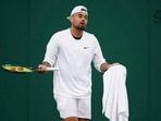 Australia's Nick Kyrgios gestures during a practice session.