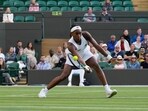 Coco Gauff of the US plays a return to Sofia Kenin of the US during the first round women's singles match on day one of the Wimbledon tennis championships in London, Monday, July 3, 2023. (AP Photo/Alastair Grant)