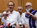 NCP leader and newly appointed Dy CM Ajit Pawar, NCP MP Praful Patel and NCP MLA and minister Chhagan Bhujbal addressing to media in Mumbai on Sunday, (Anshuman Poyrekar/HT) NCP leader and newly appointed Dy CM Ajit Pawar, NCP MP Praful Patel and NCP MLA and minister Chhagan Bhujbal addressing to media in Mumbai on Sunday, (Anshuman Poyrekar/HT)