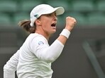 Poland's Iga Swiatek celebrates beating China's Zhu Lin during their women's singles tennis match on the first day of the 2023 Wimbledon Championships Poland's Iga Swiatek celebrates beating China's Zhu Lin during their women's singles tennis match on the first day of the 2023 Wimbledon Championships
