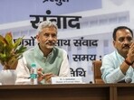 External affairs minister S. Jaishankar with Delhi BJP President Virendra Sachdeva during 'NIT Students Dialogue', in New Delhi, Monday, July 3, 2023. External affairs minister S. Jaishankar with Delhi BJP President Virendra Sachdeva during 'NIT Students Dialogue', in New Delhi, Monday, July 3, 2023.