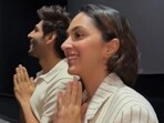 Kiara Advani and Kartik Aaryan inside a movie theatre on Sunday. Kiara Advani and Kartik Aaryan inside a movie theatre on Sunday.