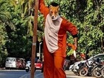 Actor-director Hemwant Tiwari on the streets near Juhu beach in Mumbai in a fox costume.
