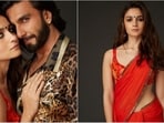 Alia Bhatt stuns in a breathtaking red chiffon saree, while Ranveer Singh rocks a stylish leopard-printed shirt. Alia Bhatt stuns in a breathtaking red chiffon saree, while Ranveer Singh rocks a stylish leopard-printed shirt.