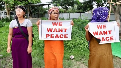 Women holding placards as they welcome Congress leader Rahul Gandhi in the violence-hit Manipur, on Friday last week. (ANI Photo) (ANI) Women holding placards as they welcome Congress leader Rahul Gandhi in the violence-hit Manipur, on Friday last week. (ANI Photo) (ANI)