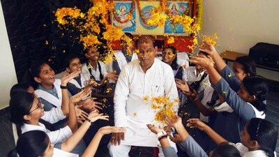 Students take part in a celebrations on the occasion of 'Guru Purnima', in Prayagraj. Prayagraj Jagat guru Ramanujacharya Sridharacharya said a large number of devotees took a dip at the confluence of the holy Ganga and Yamuna.&nbsp;&nbsp; (ANI)