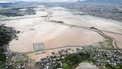 An aerial view shows submerged area due to heavy rain in Mashiki town, Kumamoto prefecture, southwestern Japan. (via Reuters)