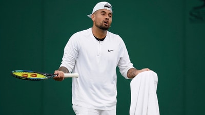 Australia's Nick Kyrgios gestures during a practice session. (AP) Australia's Nick Kyrgios gestures during a practice session. (AP)