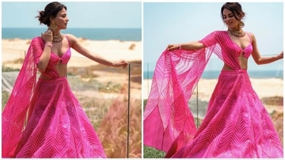 Radhika Madan, who is currently basking on the success of her recently released web series Saas Bahu Aur Flamingo, made jaws drop as she stepped out for an event wearing a pink lehenga featuring modern elements. (Instagram/@radhikamadan) Radhika Madan, who is currently basking on the success of her recently released web series Saas Bahu Aur Flamingo, made jaws drop as she stepped out for an event wearing a pink lehenga featuring modern elements. (Instagram/@radhikamadan)