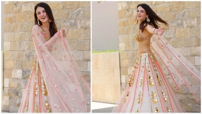 Radhika Madan ditched western fits and adorned a desi look for her day out in Mexico. She donned a shaded tulle lehenga in an off-white embellished in sequins, acrylics, and metal pieces. (Instagram/@radhikamadan) Radhika Madan ditched western fits and adorned a desi look for her day out in Mexico. She donned a shaded tulle lehenga in an off-white embellished in sequins, acrylics, and metal pieces. (Instagram/@radhikamadan)