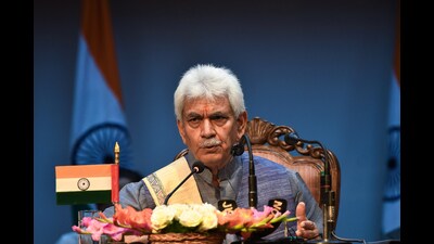 Jammu and Kashmir Lieutenant Governor Manoj Sinha addresses a press conference at Raj Bhavan in Srinagar on Monday. (ANI) Jammu and Kashmir Lieutenant Governor Manoj Sinha addresses a press conference at Raj Bhavan in Srinagar on Monday. (ANI)