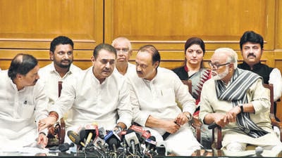 Mumbai, India – July 03, 2023: Maharashtra Deputy Chief Minister Ajit Pawar with Chhagan Bhujbal, Praful Patel, Sunil Tatkare and others during a press conference, at Sahyadri Guest House, in Mumbai, India, on Monday, July 03, 2023. (Photo by Bhushan Koyande/HT Photo) Mumbai, India – July 03, 2023: Maharashtra Deputy Chief Minister Ajit Pawar with Chhagan Bhujbal, Praful Patel, Sunil Tatkare and others during a press conference, at Sahyadri Guest House, in Mumbai, India, on Monday, July 03, 2023. (Photo by Bhushan Koyande/HT Photo)