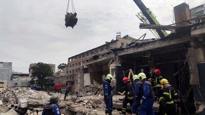 Emergency services work near to a restaurant RIA Pizza destroyed by a Russian attack in Kramatorsk, Ukraine,. (AP)
