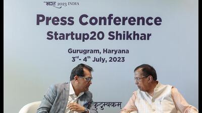 Union minister Som Parkash (right) with India’s G20 Sherpa Amitabh Kant at the Startup20 summit in the city on Monday. (ANI) Union minister Som Parkash (right) with India’s G20 Sherpa Amitabh Kant at the Startup20 summit in the city on Monday. (ANI)