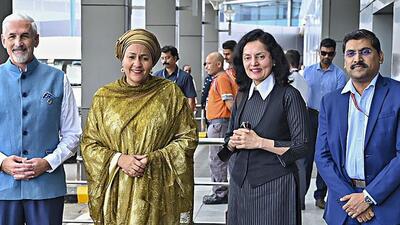 United Nations deputy secretary general Amina J Mohammed (2nd from Left) being welcomed by India’s Permanent Representative at UN Ambassador Ruchira Kamboj (3rd from Left) on her arrival, in New Delhi on Monday (PTI/Twitter/MEAIndia) United Nations deputy secretary general Amina J Mohammed (2nd from Left) being welcomed by India’s Permanent Representative at UN Ambassador Ruchira Kamboj (3rd from Left) on her arrival, in New Delhi on Monday (PTI/Twitter/MEAIndia)