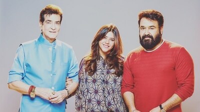 Ektaa Kapoor poses with Jeetendra and Mohanlal. Ektaa Kapoor poses with Jeetendra and Mohanlal.