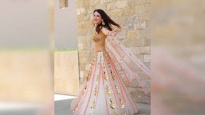 Radhika Madan's set comes with a backless tulle bralette embellished with glass cut beads and chain straps and a tulle baby pink dupatta. (Instagram/@radhikamadan) Radhika Madan's set comes with a backless tulle bralette embellished with glass cut beads and chain straps and a tulle baby pink dupatta. (Instagram/@radhikamadan)