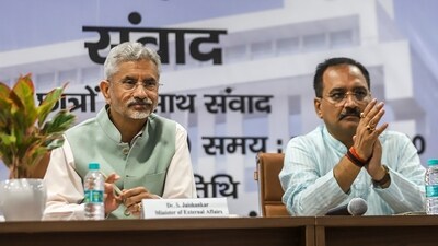 External affairs minister S. Jaishankar with Delhi BJP President Virendra Sachdeva during 'NIT Students Dialogue', in New Delhi, Monday, July 3, 2023. (PTI) External affairs minister S. Jaishankar with Delhi BJP President Virendra Sachdeva during 'NIT Students Dialogue', in New Delhi, Monday, July 3, 2023. (PTI)