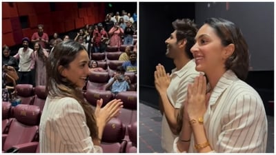 Kiara Advani and Kartik Aaryan inside a movie theatre on Sunday. Kiara Advani and Kartik Aaryan inside a movie theatre on Sunday.