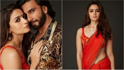 Alia Bhatt stuns in a breathtaking red chiffon saree, while Ranveer Singh rocks a stylish leopard-printed shirt. (Instagram/@karanjohar) Alia Bhatt stuns in a breathtaking red chiffon saree, while Ranveer Singh rocks a stylish leopard-printed shirt. (Instagram/@karanjohar)