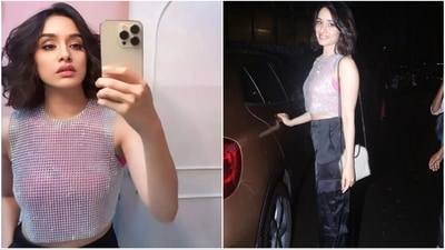 Shraddha Kapoor shines brightly in a captivating shimmer top, black cargo pants, and a charming haircut, (Instagram ) Shraddha Kapoor shines brightly in a captivating shimmer top, black cargo pants, and a charming haircut, (Instagram )