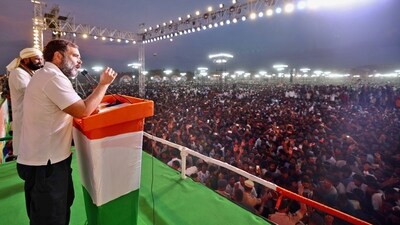 Congress leader Rahul Gandhi addresses the public, in Khammam on Sunday. (ANI Photo) Congress leader Rahul Gandhi addresses the public, in Khammam on Sunday. (ANI Photo)