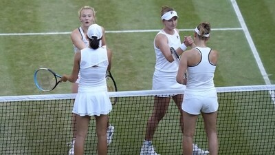 Barbora Krejcikova, top right, and Katerina Siniakova of the Czech Republic, celebrate after beating China's Shuai Zhang, bottom left, and Belgium's Elise Mertens. (AP) Barbora Krejcikova, top right, and Katerina Siniakova of the Czech Republic, celebrate after beating China's Shuai Zhang, bottom left, and Belgium's Elise Mertens. (AP)