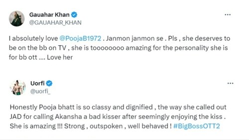 Pooja Bhatt and Uorfi Javed praised Pooja Bhatt. Pooja Bhatt and Uorfi Javed praised Pooja Bhatt.