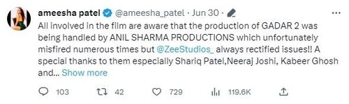 Ameesha wrote on Twitter.