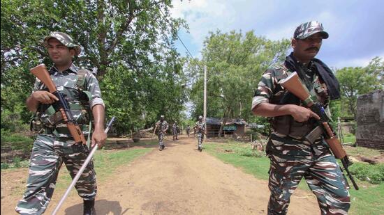 Security personnel conduct route march ahead of the West Bengal panchayat elections, at Kankutia village in Birbhum district, Sunday, July 2, 2023 (PTI)