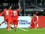 Indian team players celebrate a goal by Lallianzuala Chhangte against Kuwait during the final football match of SAFF Championship 2023 at Kanteerava Stadium, in Bengaluru Indian team players celebrate a goal by Lallianzuala Chhangte against Kuwait during the final football match of SAFF Championship 2023 at Kanteerava Stadium, in Bengaluru