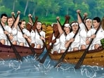 Ons Jabeur, Aryna Sabalenka, Iga Swiatek, Novak Djokovic, Carlos Alcaraz, and others rowing boats in Kerala’s backwaters. 
