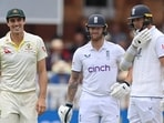 Stuart Broad and Pat Cummins had a brief exchange after Jonny Bairstow's dismissal. Stuart Broad and Pat Cummins had a brief exchange after Jonny Bairstow's dismissal.