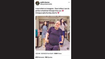 A grab of Pulkit Sharma’s tweet that went viral for him attempting bhangra on his wheelchair to shush trolls. (Photo: Twitter)