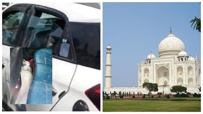 A screengrab of the video shows the unfortunate incident that took place in the parking of the Taj Mahal in Agra, UP. (Photo: Twitter/Shutterstock) A screengrab of the video shows the unfortunate incident that took place in the parking of the Taj Mahal in Agra, UP. (Photo: Twitter/Shutterstock)