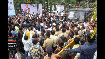 Both Ajit Pawar and Sharad Pawar groups of NCP supporters at party office in Nashik on Tuesday. (PTI) Both Ajit Pawar and Sharad Pawar groups of NCP supporters at party office in Nashik on Tuesday. (PTI)