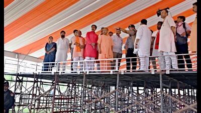 Chief minister Yogi Adityanath inspects the venue for PM Modi’s public rally on July 7. (HT Photo) Chief minister Yogi Adityanath inspects the venue for PM Modi’s public rally on July 7. (HT Photo)
