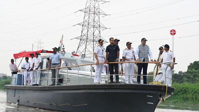 Delhi LG Vk Saxena inspects the recently ascertained navigable channel in the Yamuna on Tuesday. (Sanjeev Verma /HT PHOTO) Delhi LG Vk Saxena inspects the recently ascertained navigable channel in the Yamuna on Tuesday. (Sanjeev Verma /HT PHOTO)